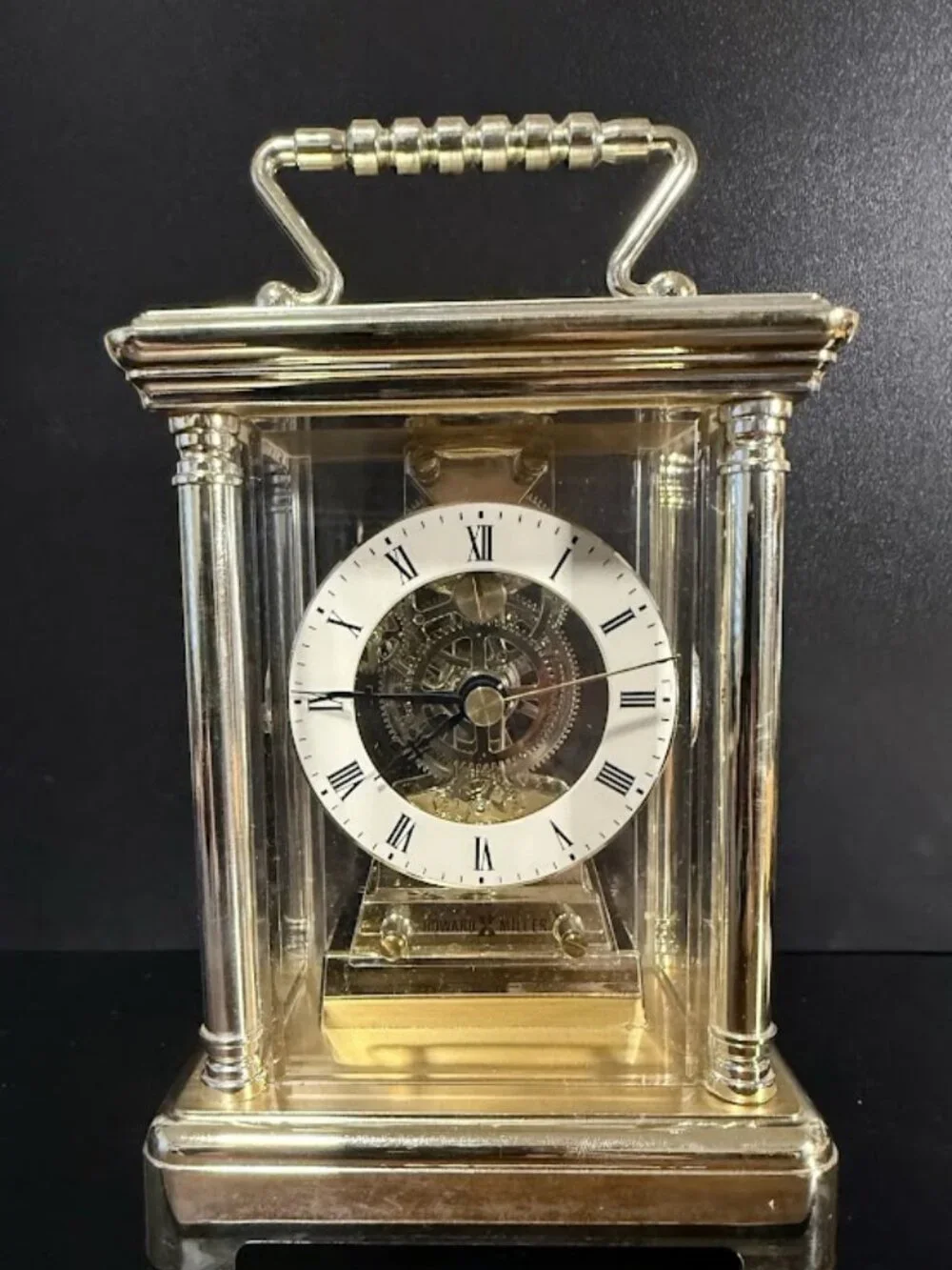 Howard Miller Carriage Clock Vintage Skeleton Brass & Glass Mantel Clock